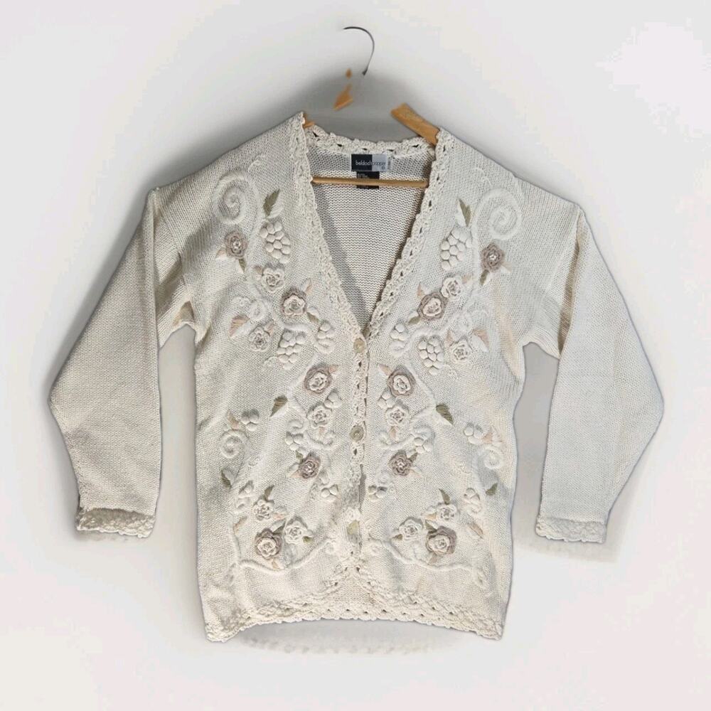Vtg Ivory‎ Pearl Button Bauble & Floral Appliqué Button Up Cardigan S Coquette
